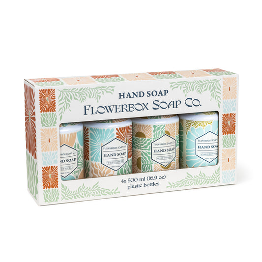 FlowerBox Liquid Hand Soap Set –Beautiful Pack of 4 Scented Pump Soaps –Bathroom & Kitchen Luxury Decorative 500ml Dispenser Bottles