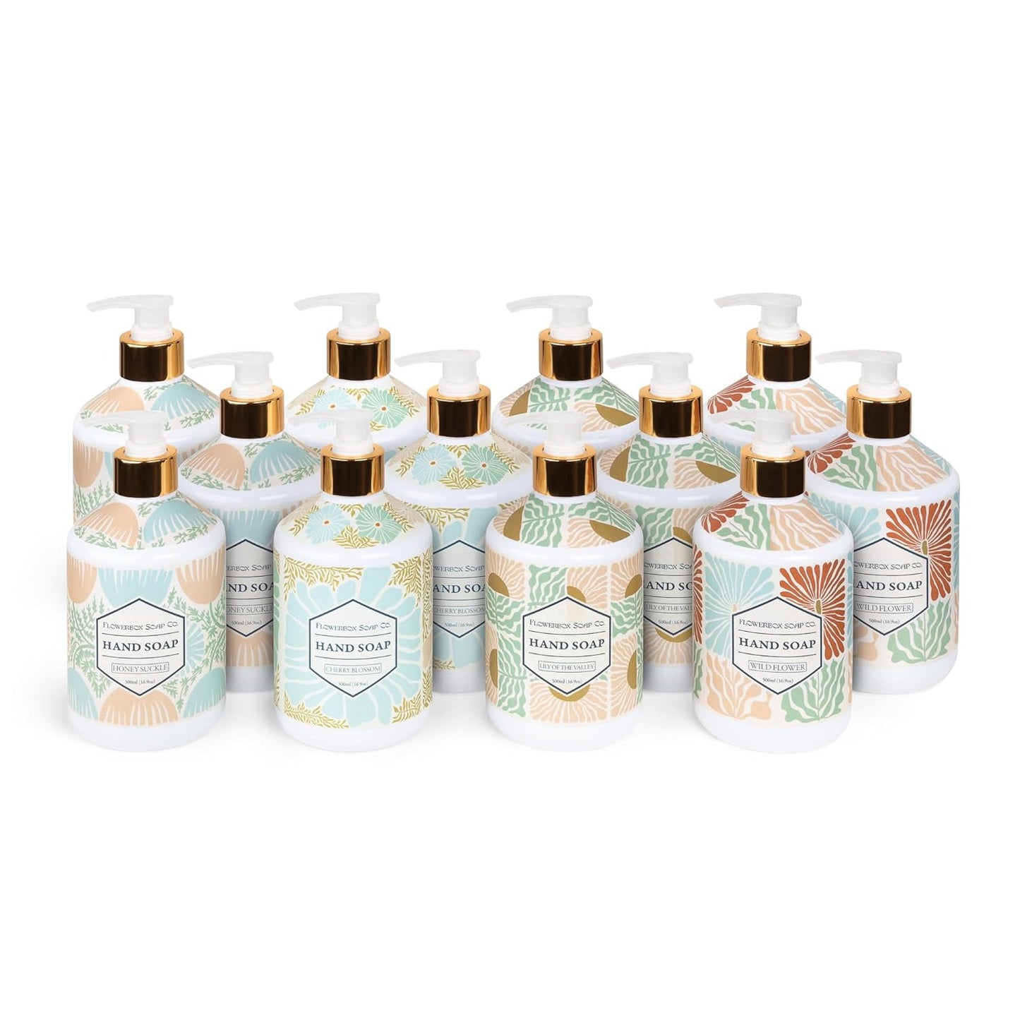 FlowerBox Liquid Hand Soap Set –Beautiful Pack of 12 Scented Pump Soaps –Bathroom & Kitchen Luxury Decorative 500ml Dispenser Bottles