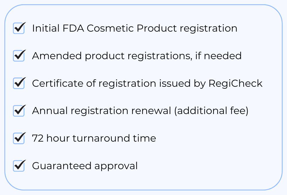 Graphic illustrating a MoCRA FDA Cosmetic Product Listing Number Checklist, including key steps such as determining registration requirements, gathering necessary business and product details, submitting information to Regicheck.