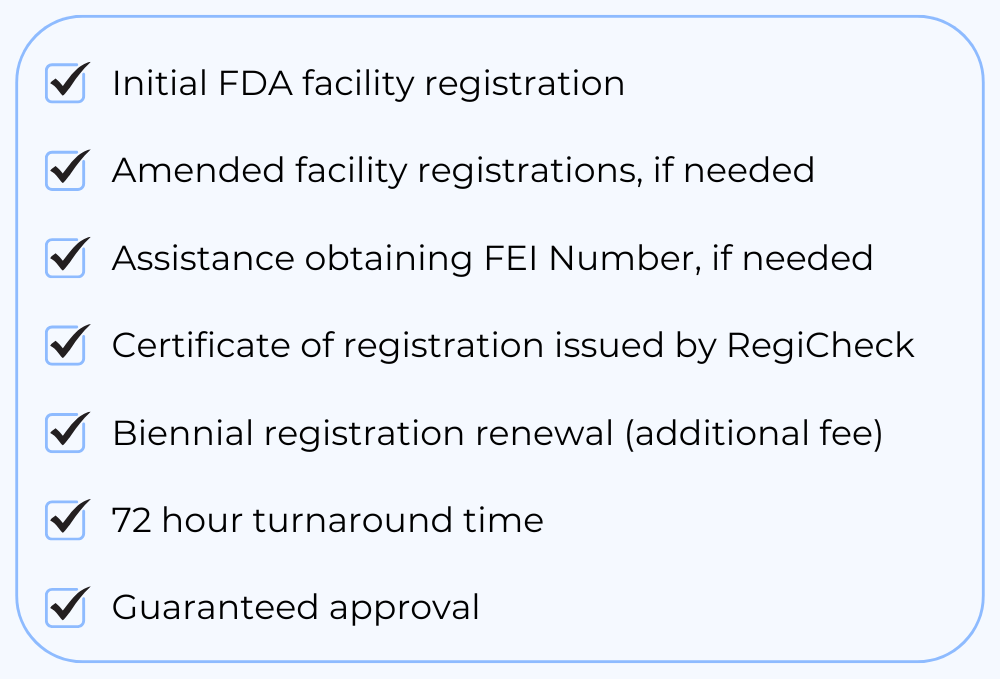 Graphic illustrating a MoCRA FDA Facility Registration Checklist, including key steps such as determining registration requirements, gathering necessary business and product details, submitting information to Regicheck.