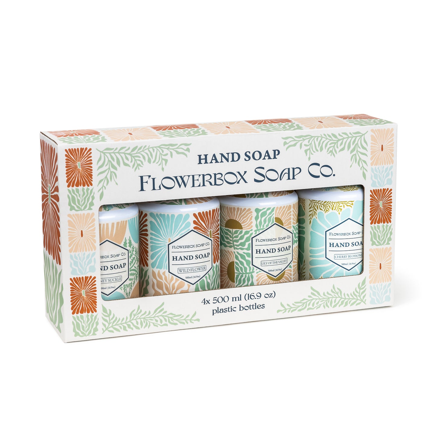 FlowerBox Liquid Hand Soap Set –Beautiful Pack of 4 Scented Pump Soaps –Bathroom & Kitchen Luxury Decorative 500ml Dispenser Bottles