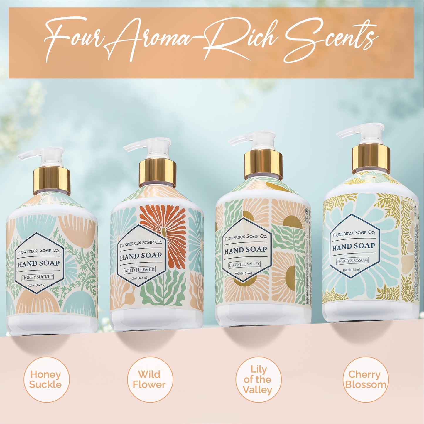 FlowerBox Liquid Hand Soap Set –Beautiful Pack of 12 Scented Pump Soaps –Bathroom & Kitchen Luxury Decorative 500ml Dispenser Bottles