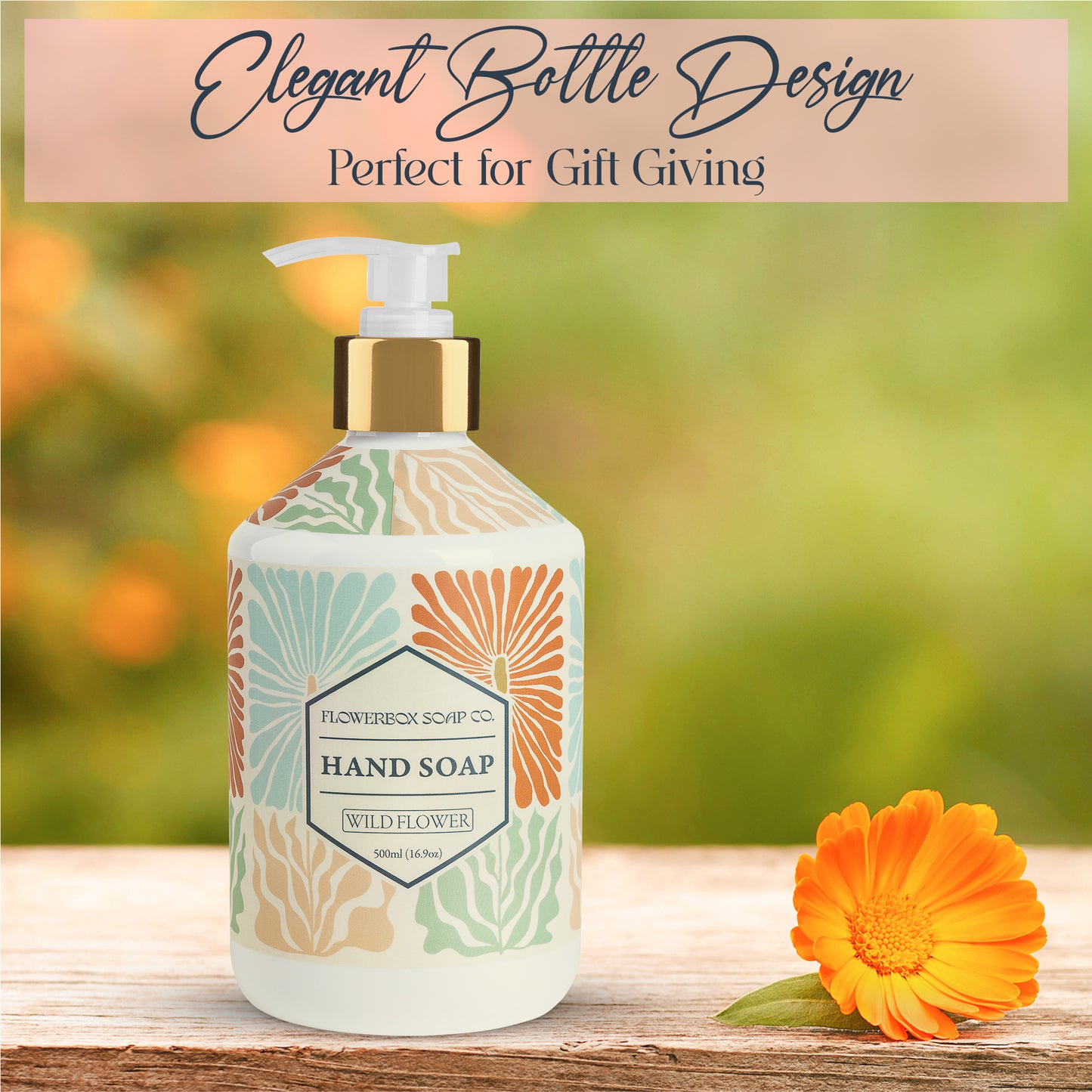 FlowerBox Liquid Hand Soap Set –Beautiful Pack of 4 Scented Pump Soaps –Bathroom & Kitchen Luxury Decorative 500ml Dispenser Bottles
